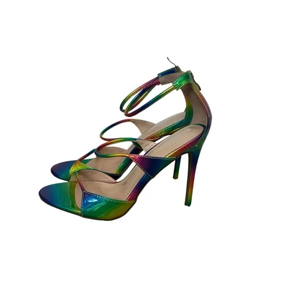 I.D Required Metallic Rainbow Colored Iridescent Strappy Heels Size: 10 Wide - Picture 5 of 8